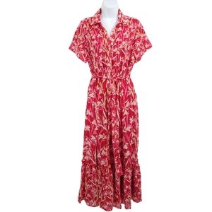 Niza Womens Sz 4 Floral Midi Button Front Belted Fuchsia Dress New